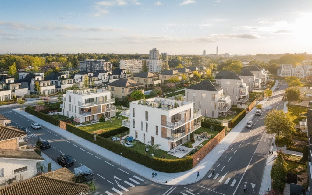 Vue panoramique de Nanterre avec des immeubles résidentiels, représentant l'estimation immobilière dans la ville