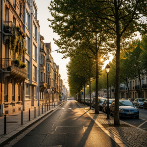 Vue de la Rue Voltaire dans le quartier Chemin-de-l’Île à Nanterre avec des immeubles résidentiels