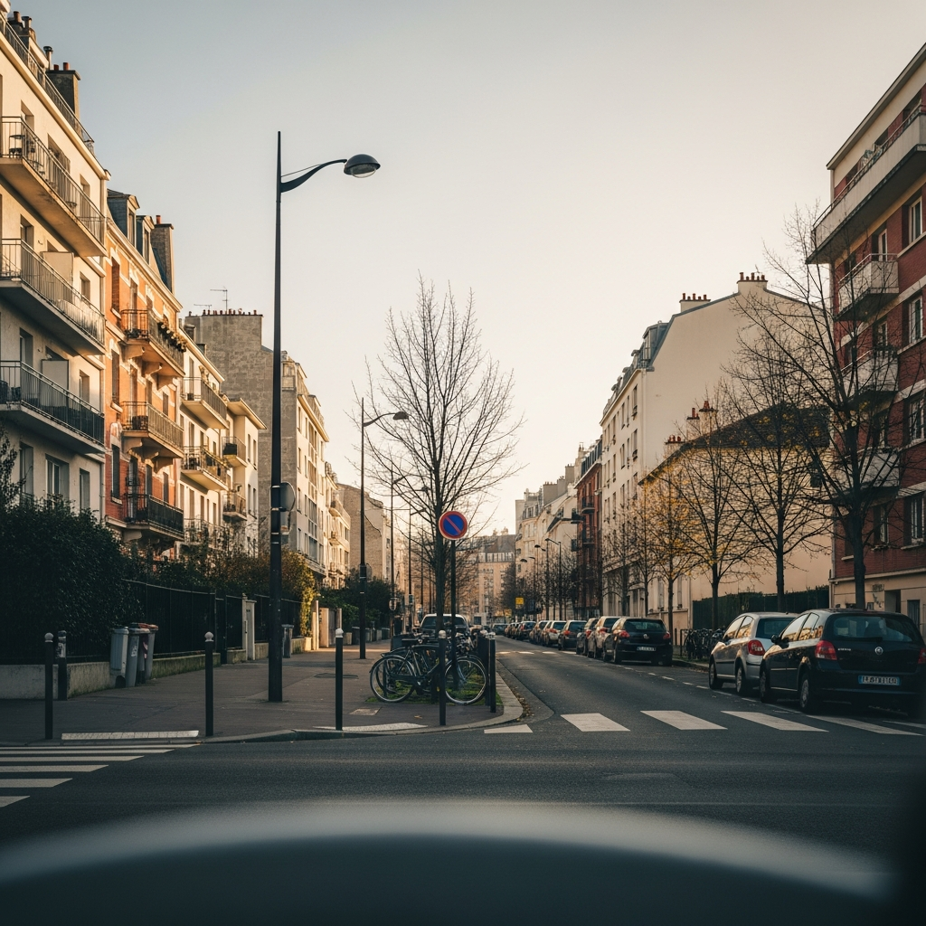 Vue de l’Allée d’Auvergne dans le quartier des Groues à Nanterre, avec bâtiments résidentiels
